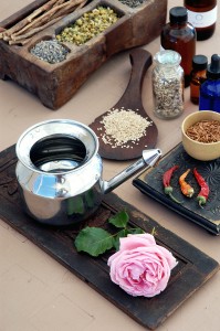 A Neti Pot and rose, chili peppers and sesame seeds, ingredients for Ayurvedic health.